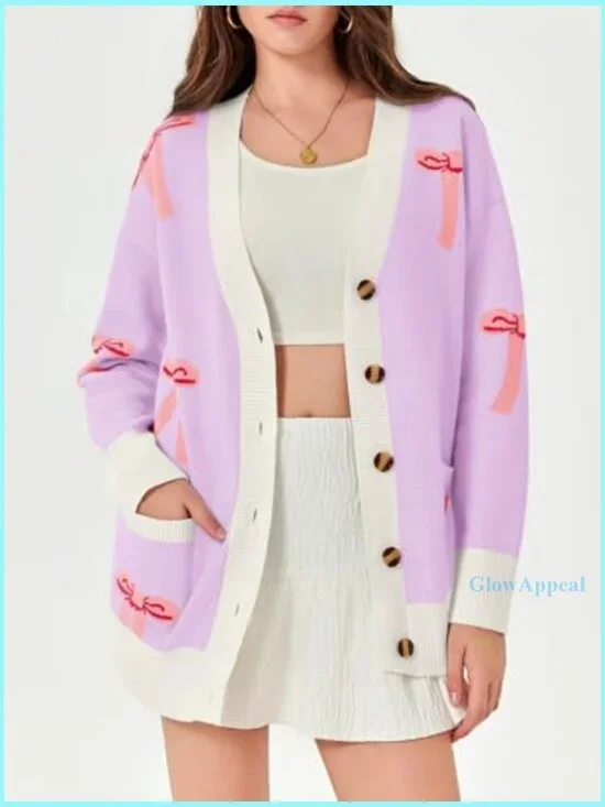 Oversized V-Neck Cardigan Sweater with Bow Print, Loose Knit, Button Front - Picture 4 of 7